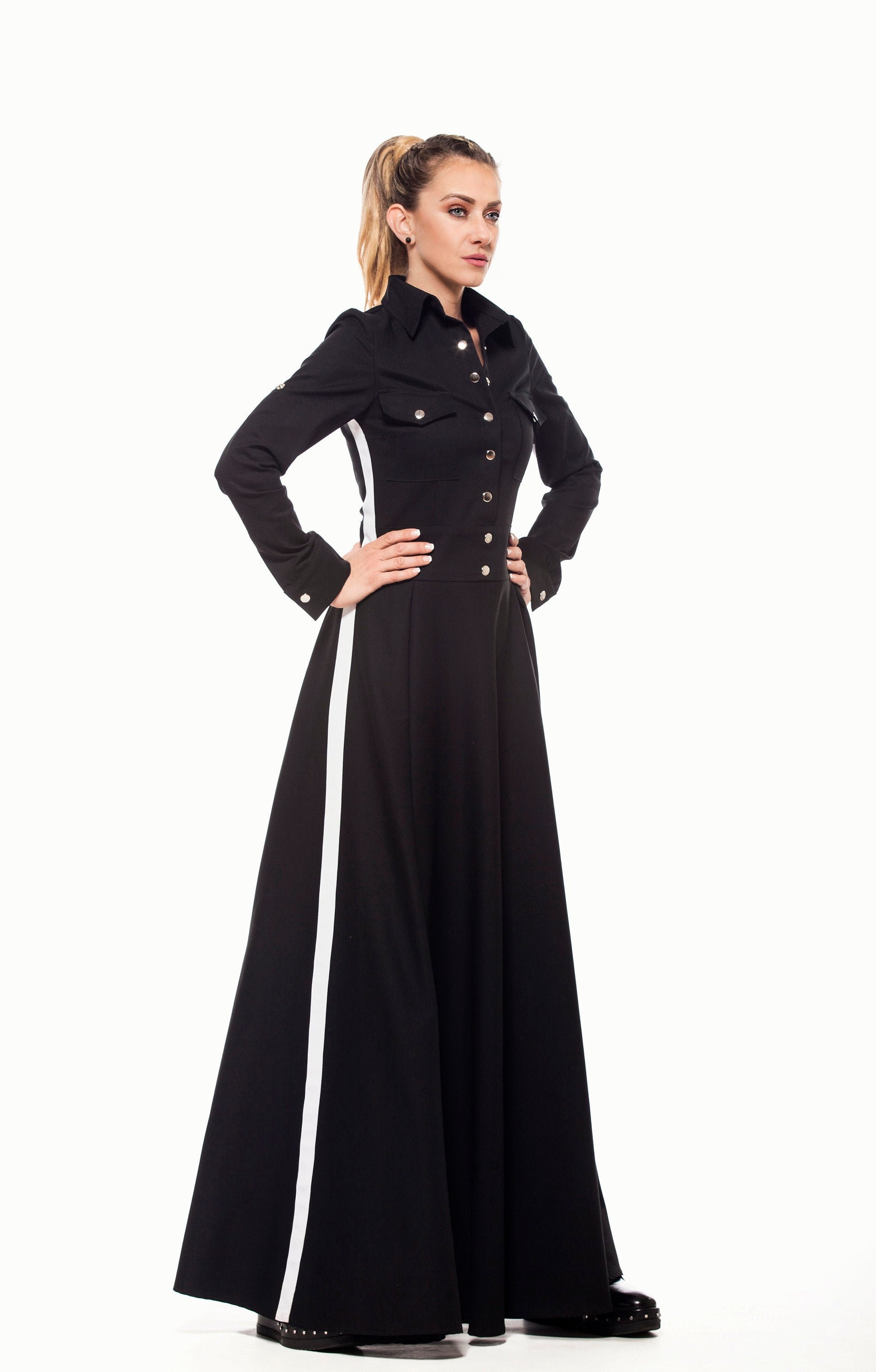 Maxi Dress With Sleeves Black Shirt Dress Plus Size | Etsy