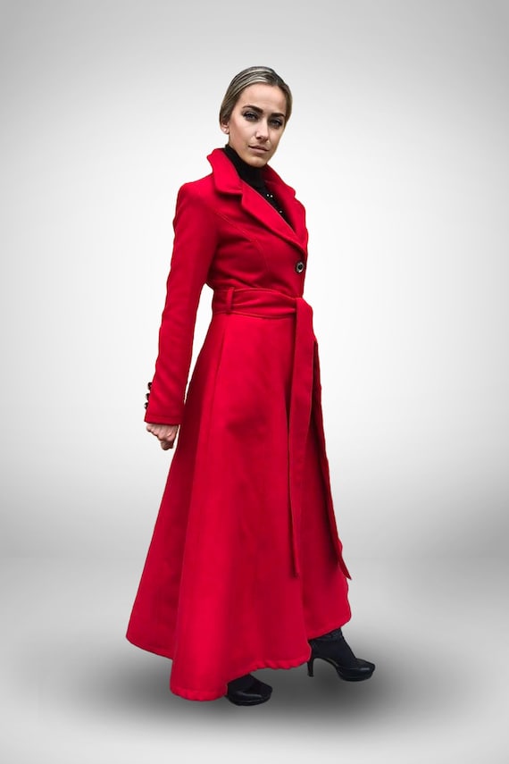 Red Wool Women Fashion, Winter Trench Coat, Winter Style, Red Coat with Belt, Full Length Coat, Elegant Overcoat, Victorian Wool Coat