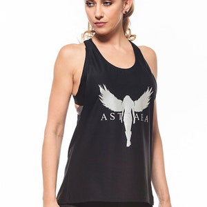 May include: Black tank top with a silver graphic of a woman with wings and the text "ASTA AEA".