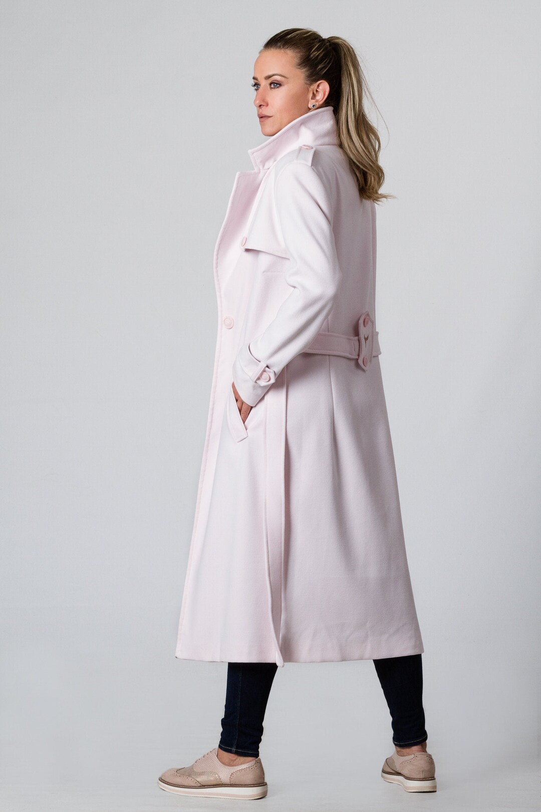 Long Pink Wool Coat for Fall/winter, Cashmere Trench Coat, Custom