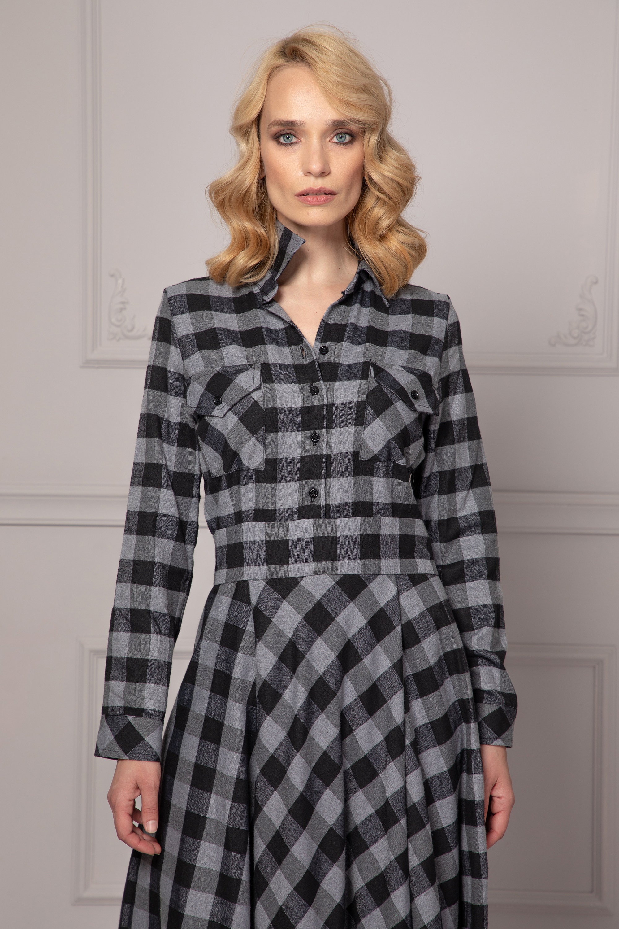 grey tartan dress Grey 1960s Button Plaid Pinafore Dress