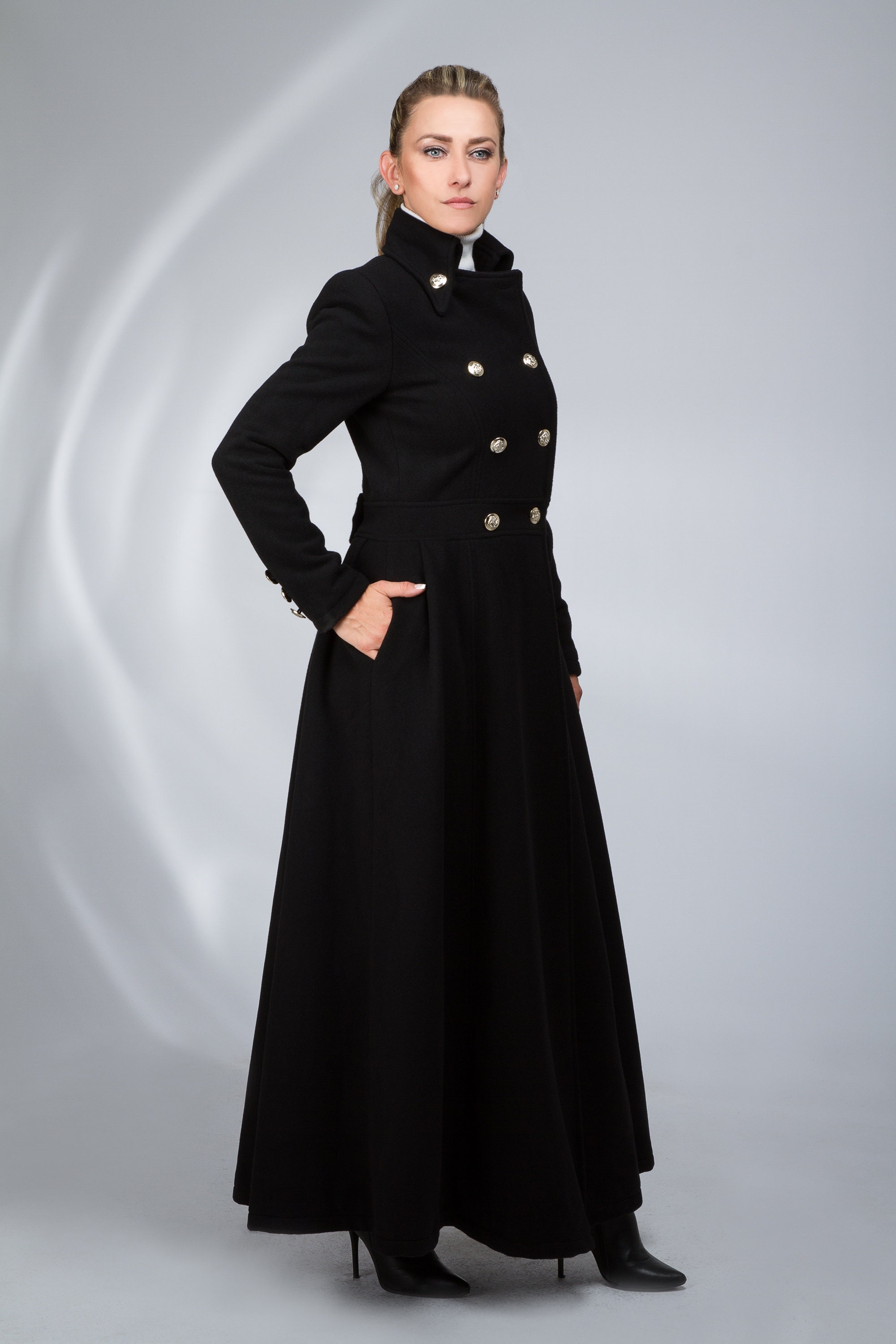 Maxi Wool Coat With Buttons, Floor Length Fit and Flare Coat, Maxi 