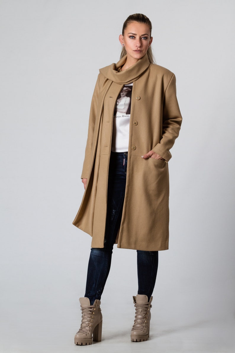 Cashmere Coat Long Wool Coat Beige Winter Coat Scarf Coat | Etsy