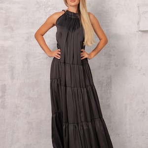 Satin Maxi Dress, Fit and Flare Dress, Elegant Long Dress, Black Maxi Dress, Flounce Dress, Halter Neck Dress, Evening Dress, Occasion Dress image 2