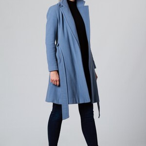 Blue Coat, Cashmere Wool Coat, Elegant Knee Length Coat, Women Overcoat, Plus Size Clothing, Belted Coat with Pockets, Light Coat, Midi Coat image 3