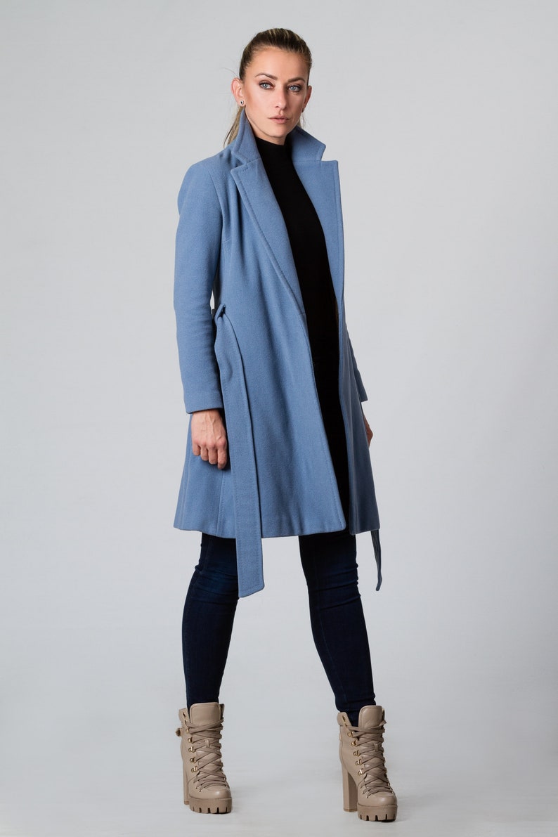 Blue Coat, Cashmere Wool Coat, Elegant Knee Length Coat, Women Overcoat, Plus Size Clothing, Belted Coat with Pockets, Light Coat, Midi Coat image 3