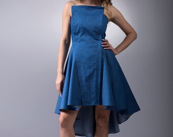 High Low Denim Dress ~ Asymmetrical Jeans Dress great Cocktail Dress for Wedding Guest ~ Spring Womens Clothing