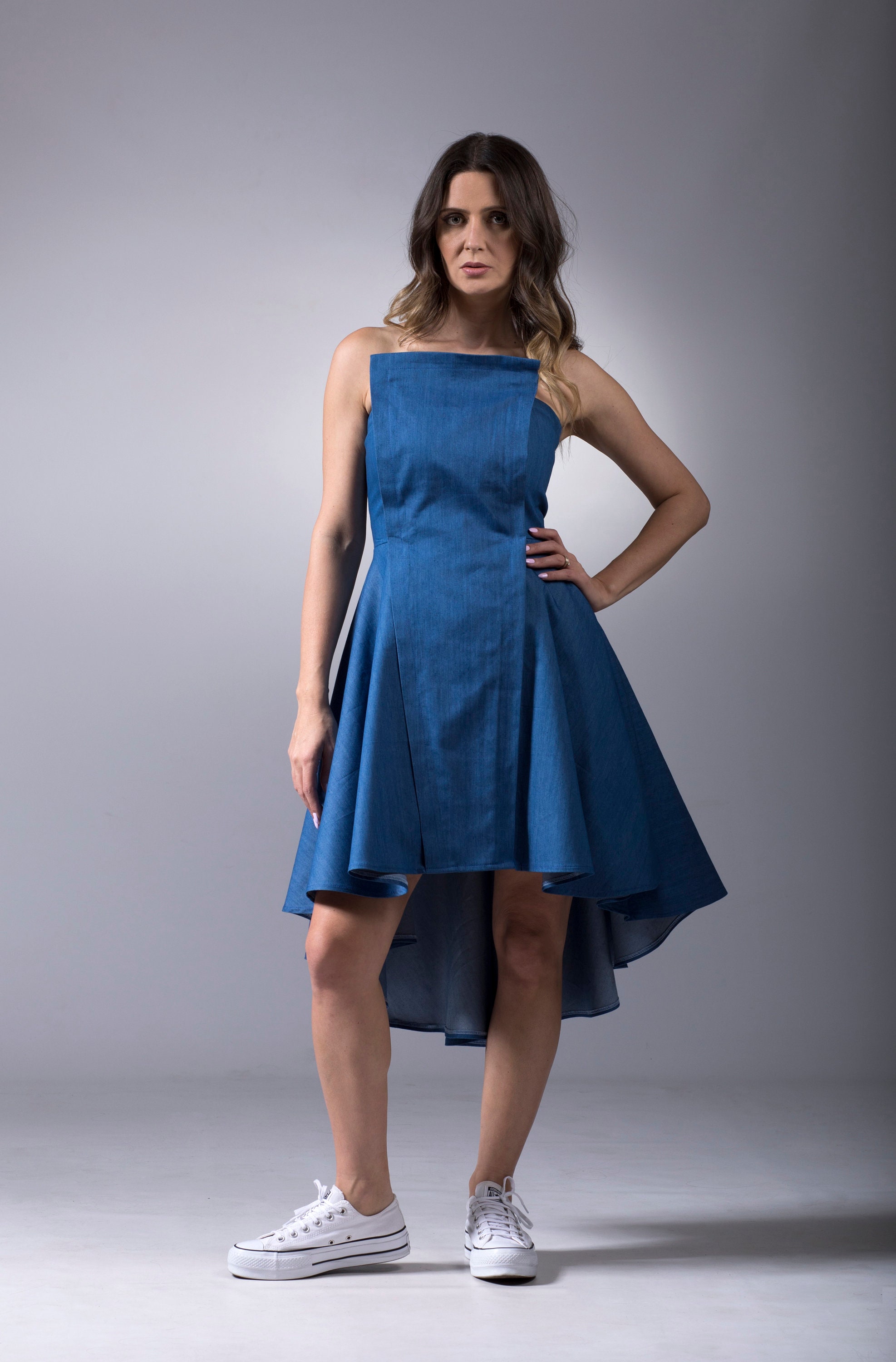 High Low Denim Dress ~ Asymmetrical Jeans Dress great Cocktail Dress for Wedding Guest ~ Spring Womens Clothing