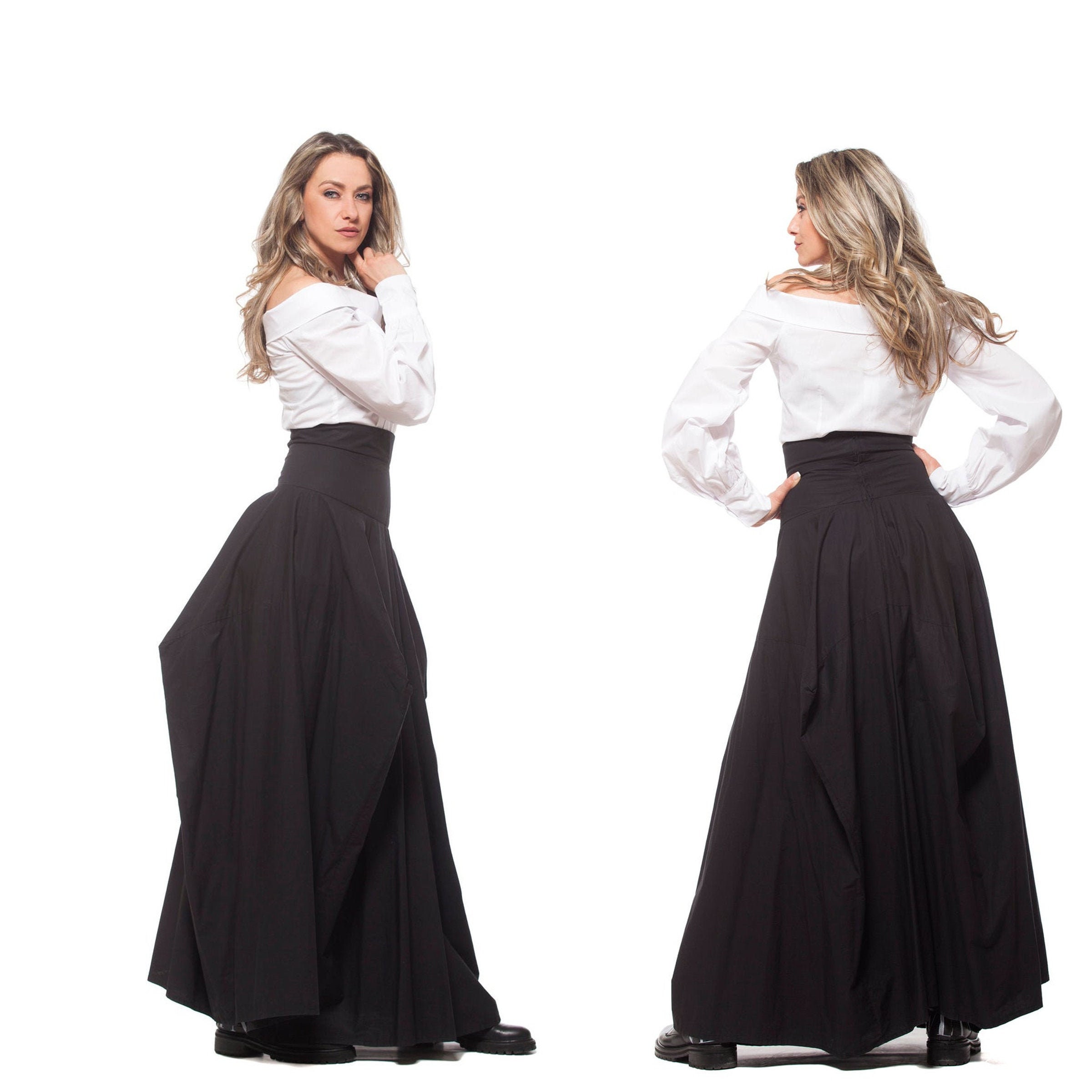 Black Maxi Victorian Skirt, Extravagant Asymmetrical Evening Gothic Steampunk Cotton Avantgarde Fishtail Cocktail Skirt