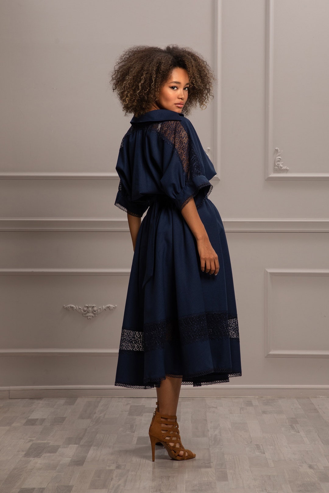 Wedding Guest Dress, Mother of the Bride Dress, Linen Dress With Lace ...