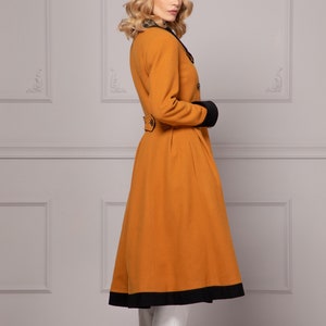 Wool Cashmere Skirted Jacket Coat, Mustard & Black Winter Overcoat, Cottagecore Prairie Long Princess Cut Coat, Fit and Flare Wool Coat image 3