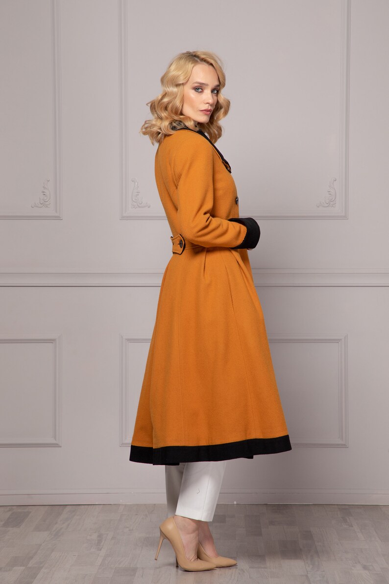 Wool Cashmere Skirted Jacket Coat, Mustard & Black Winter Overcoat, Cottagecore Prairie Long Princess Cut Coat, Fit and Flare Wool Coat image 3