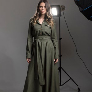 Plus Size Clothing Maxi Linen Dress, Long Summer Shirt Dress, Wedding Guest Dress, Custom Made Belted Dress, Military Green Linen Dress image 3