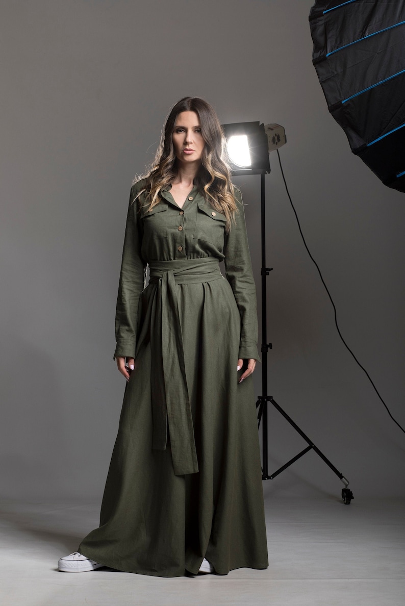 Plus Size Clothing Maxi Linen Dress, Long Summer Shirt Dress, Wedding Guest Dress, Custom Made Belted Dress, Military Green Linen Dress image 3