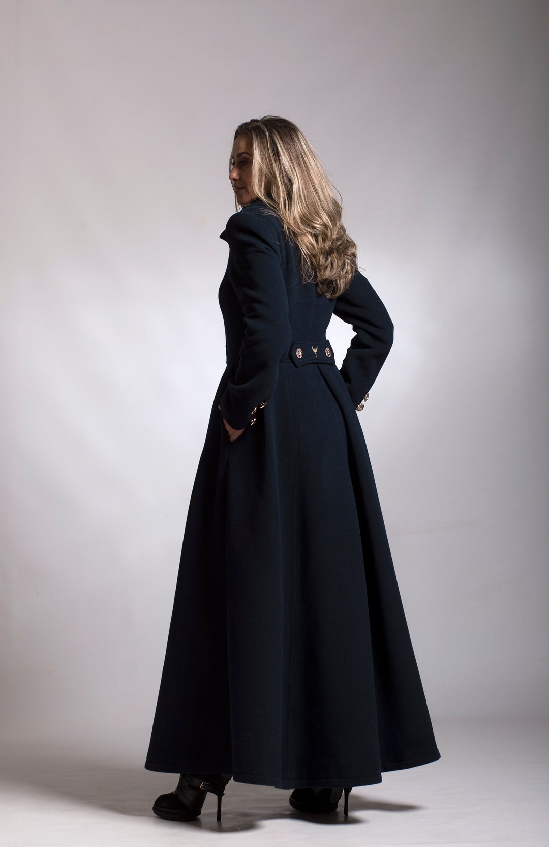 Long Wool Coat for Women, Dark Blue Maxi Cashmere Coat, Winter Floor ...