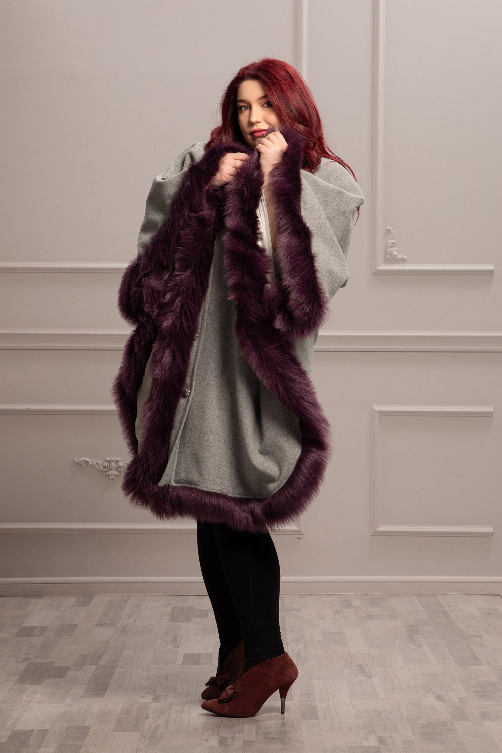 Plus size wool coat with fur trim best sale