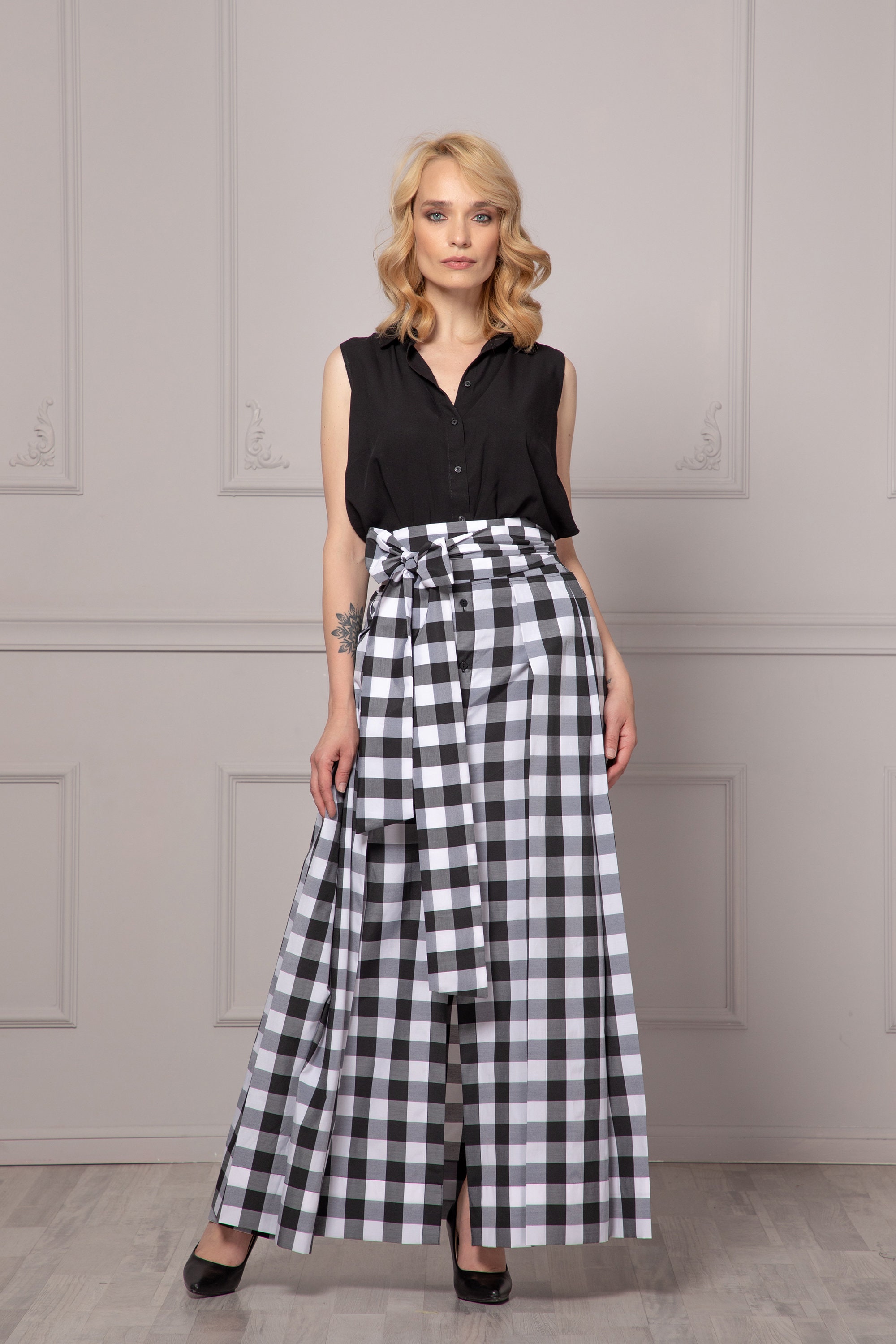 Buffalo Plaid High waisted Skirt With Train like Sides Extravagant Cotton Plus Size Skirt Button Down Maxi Skirt Flared Belted Skirt Etsy UK