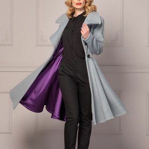 Big Collar Flared Swing Wool Cashmere Coat, Pleated Winter Midi Coat, Fit and Flare Gray Princess Coat,30s Vintage Style Overcoat for Ladies image 6