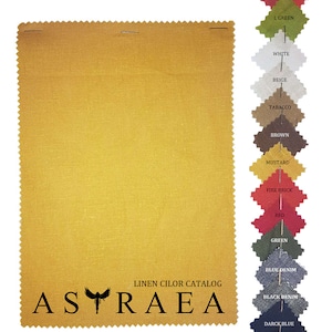 May include: A close-up of a yellow linen fabric swatch with the text "LINEN CILOR CATALOG ASTRAEA" printed on it. The fabric is displayed next to a color chart of various fabric swatches in different colors.