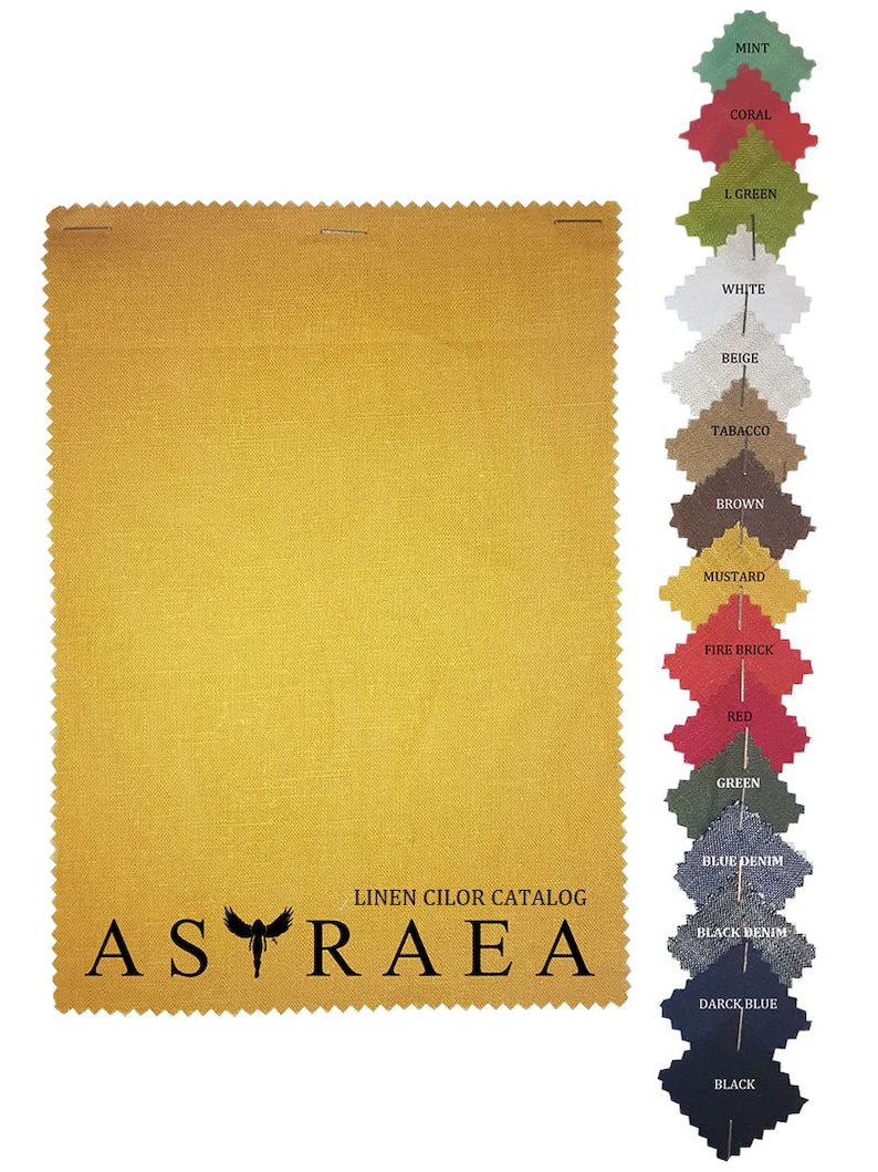 May include: A close-up of a yellow linen fabric swatch with the text "LINEN CILOR CATALOG ASTRAEA" printed on it. The fabric is displayed next to a color chart of various fabric swatches in different colors.