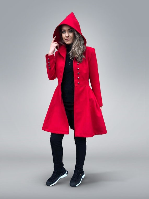 Red Wool Coat, Hooded Wool Coat, Winter Style, Knee Length Coat, Womens Clothing, Plus Size Coat, Womens Overcoat, Custom Made