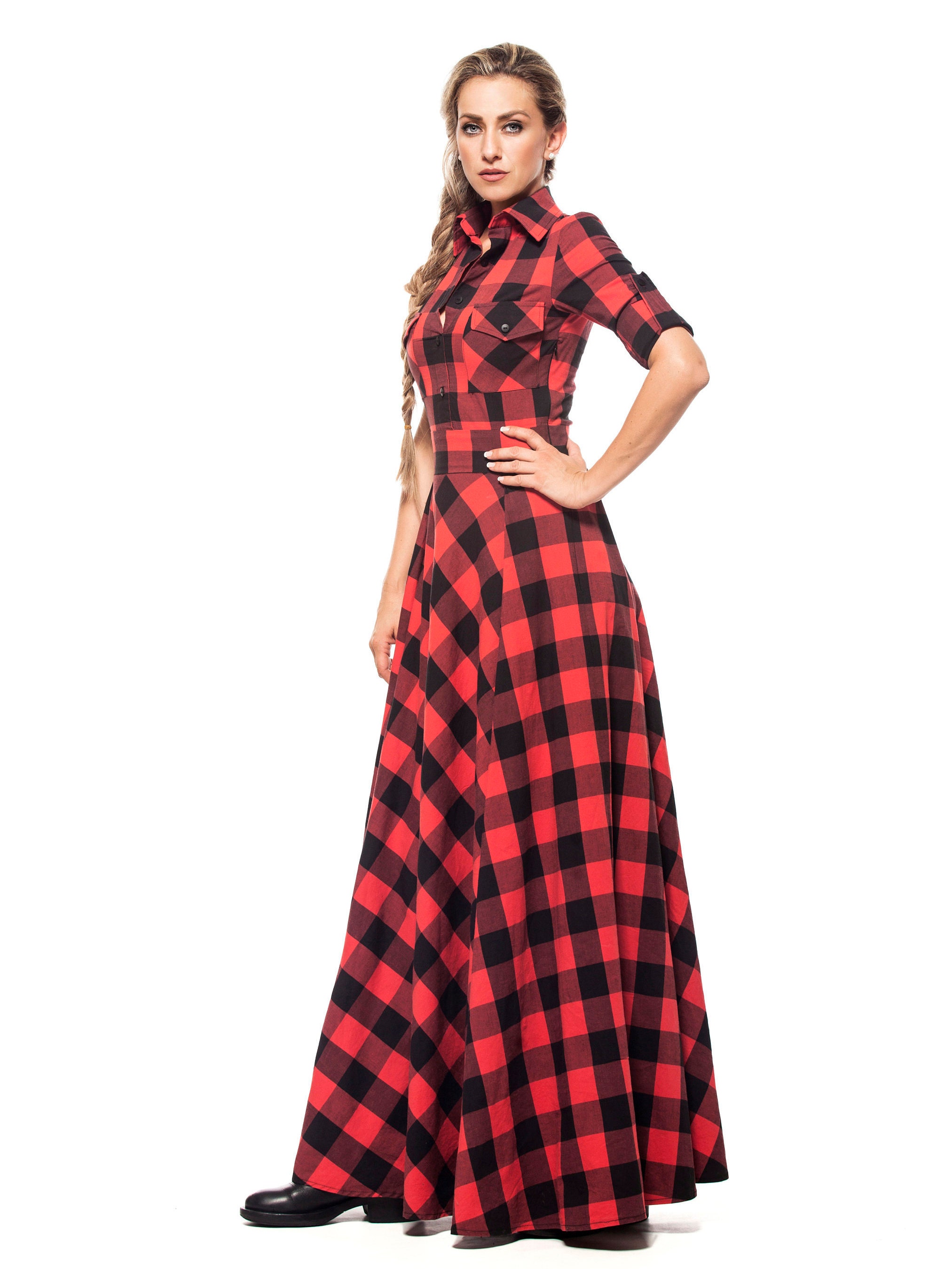 Long Dress Women Black and Red Dress Tartan Maxi Dress | Etsy