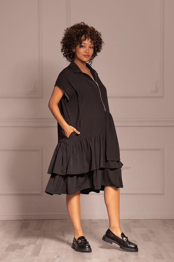 navy blue dress for baby girl Loose Silhouette Tiered Dress with Zipper