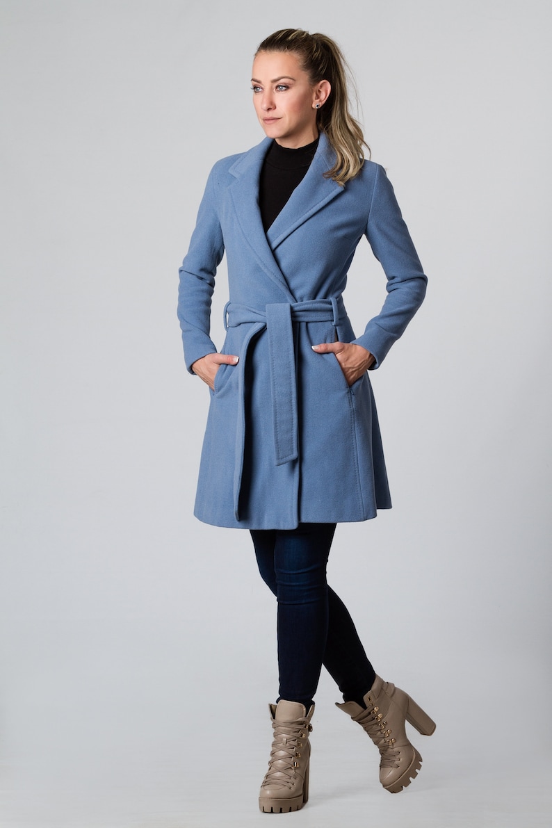 Blue Coat, Cashmere Wool Coat, Elegant Knee Length Coat, Women Overcoat, Plus Size Clothing, Belted Coat with Pockets, Light Coat, Midi Coat image 2