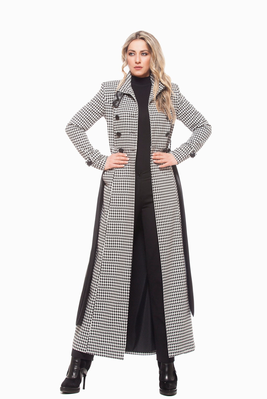 Women Coat Houndstooth Coat Plus Size Clothing Long Coat - Etsy