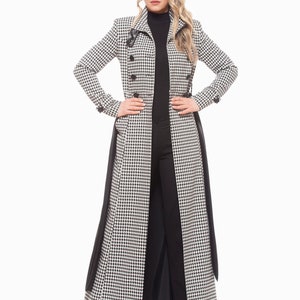 Women Coat, Houndstooth Coat, Plus Size Clothing, Long Coat, Button Coat, Winter Coat, Warm Coat, Grey Coat, Women Overcoat, Fall Coat