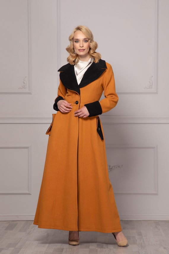 Extraordinary Cottagecore Style Mustard Maxi Coat With Wide Open