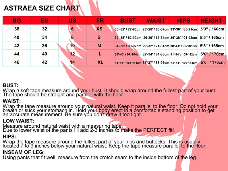May include: A size chart for women's clothing with measurements in inches and centimeters. The chart includes sizes for bust, waist, hips, and height. The chart is labeled "Astraea Size Chart".