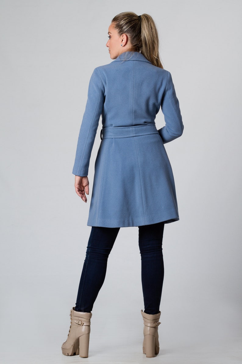 Blue Coat, Cashmere Wool Coat, Elegant Knee Length Coat, Women Overcoat, Plus Size Clothing, Belted Coat with Pockets, Light Coat, Midi Coat image 4