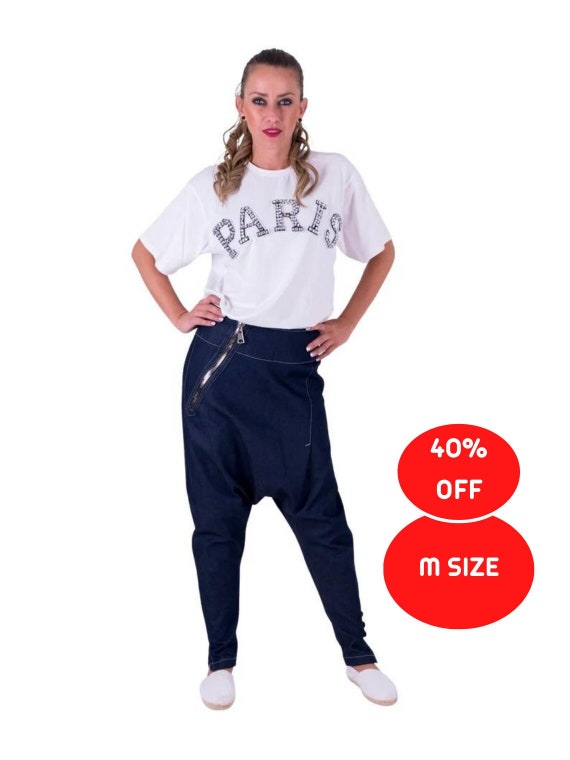 VENTE 40 Taille M Pantalon en jean Pantalon en denim Sarouel Pantalon femme Pantalon ample Vetements grande taille Pantalon a entrejambe bas Grande taille Etsy France