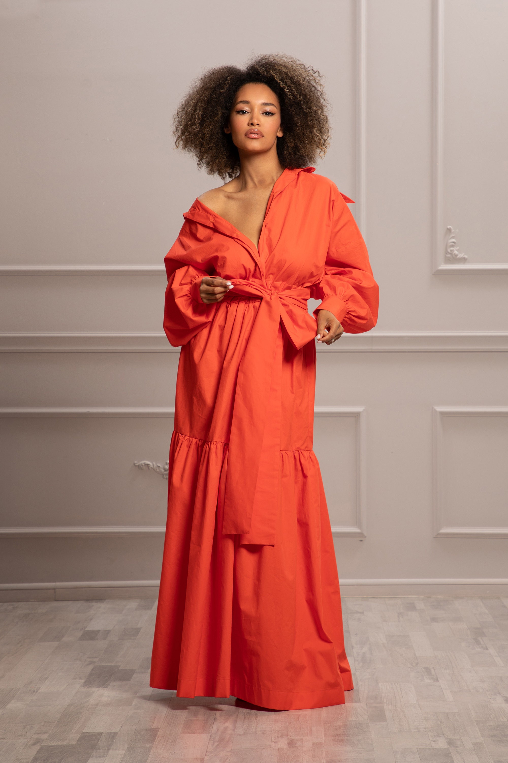 orange maxi dress with belt Rust Orange Long Sleeve Maxi Dress With Belt: Autumn Inspired Full Length  Gown