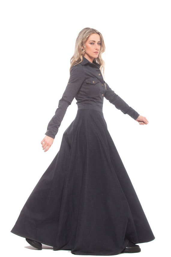 Maxi Denim Dress, Black Wedding Guest Dress, Long Shirt Dress, Gothic Plus  Size Clothing, Cotton Denim Dress, Button Down Floor Length Dress -   Canada