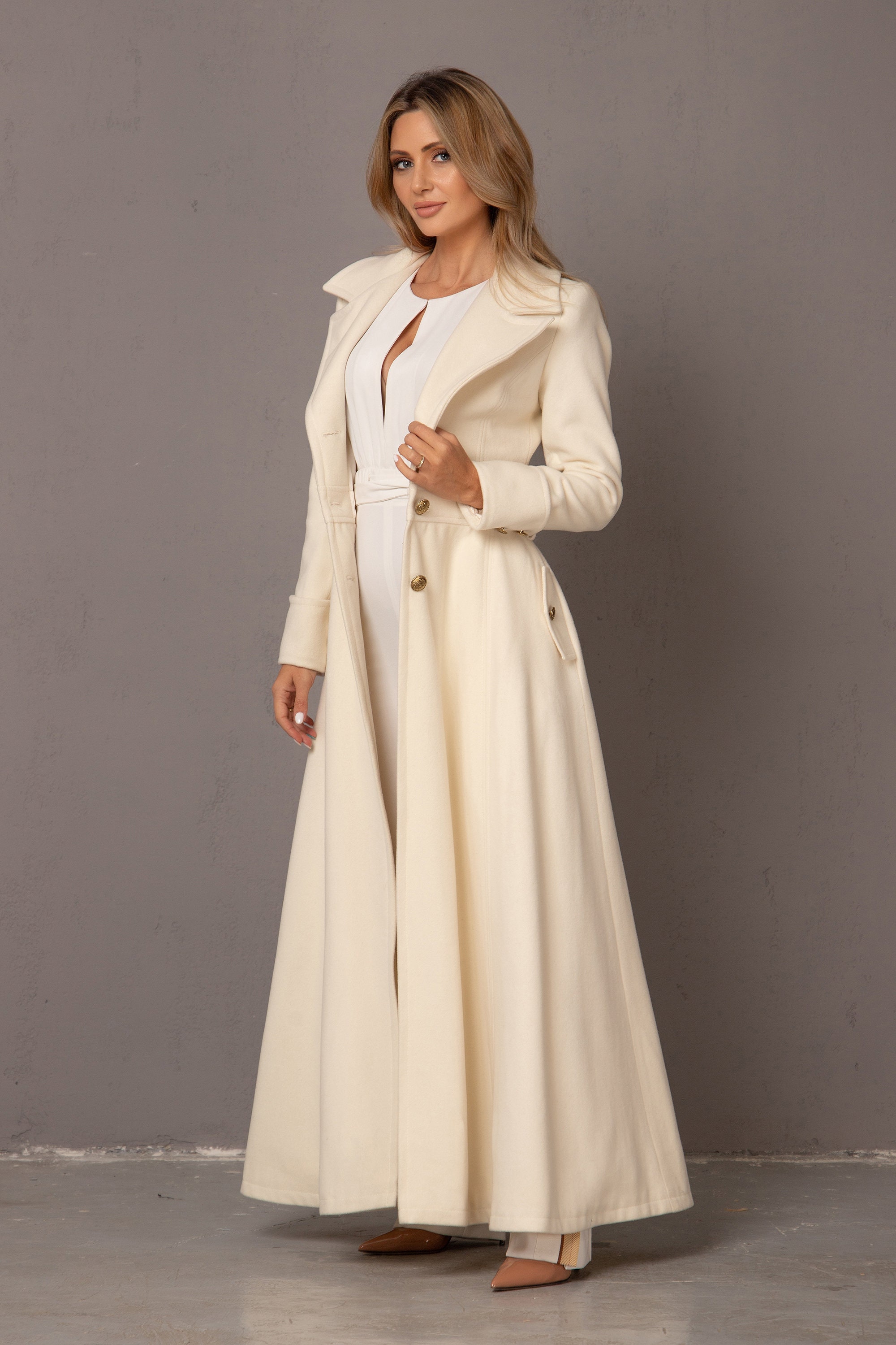 ladies cream dress coat Winter Wedding Long Coat, Off White Floor Length Coat, Wool Designer Wrap Coat, Ivory Bridal Trench Coat, Ladies Long Princess Dress Coat