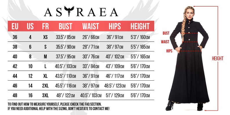 May include: A black coat with a high collar and button details is shown next to a size chart. The chart includes measurements in inches and centimeters for bust, waist, hips, and height, with sizes ranging from US 4 to 16.