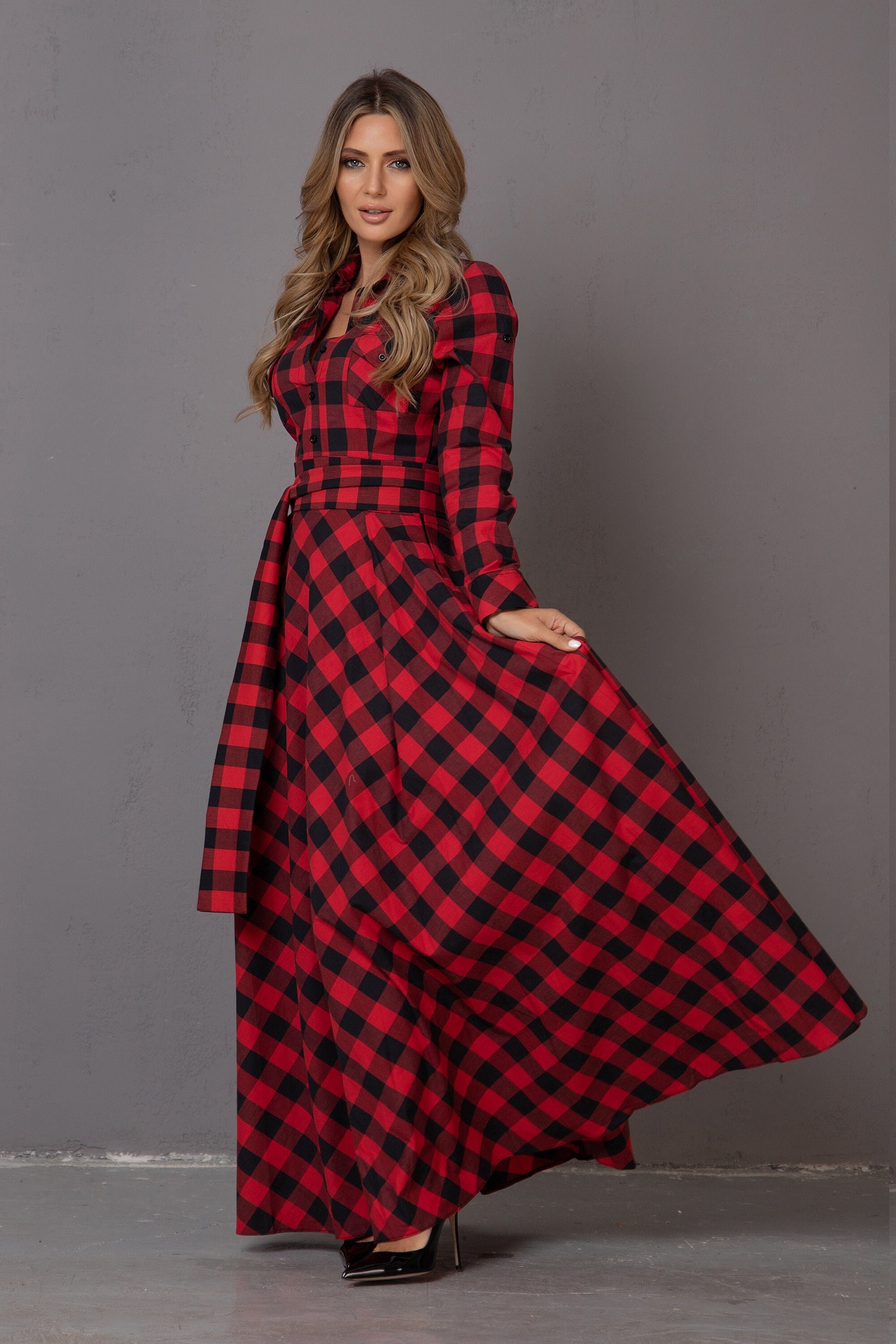Plus size red and black plaid dress best sale