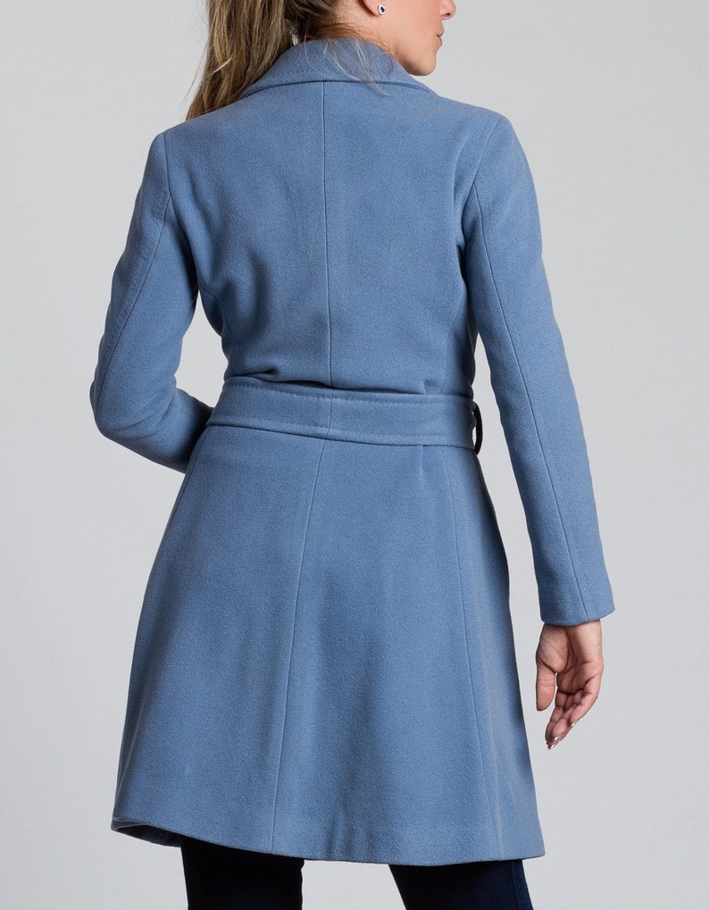 Blue Coat, Cashmere Wool Coat, Elegant Knee Length Coat, Women Overcoat, Plus Size Clothing, Belted Coat with Pockets, Light Coat, Midi Coat image 5