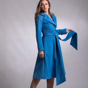 Long Blue Wool Princess Coat, Fit and Flare Below The Knee Coat with Belt, Wool Cashmere Maxi Victorian Dress Coat, Vintage Style Overcoat