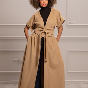 Avant Garde Coat, Wool Coat with Belt, Womens Clothing, Extravagant Coat, Short Sleeve Coat, Floor Length Coat, Women Long Coat, Plus Size
