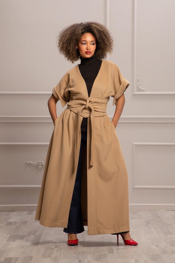 Avant Garde Coat, Wool Coat with Belt, Womens Clothing, Extravagant Coat, Short Sleeve Coat, Floor Length Coat, Women Long Coat, Plus Size