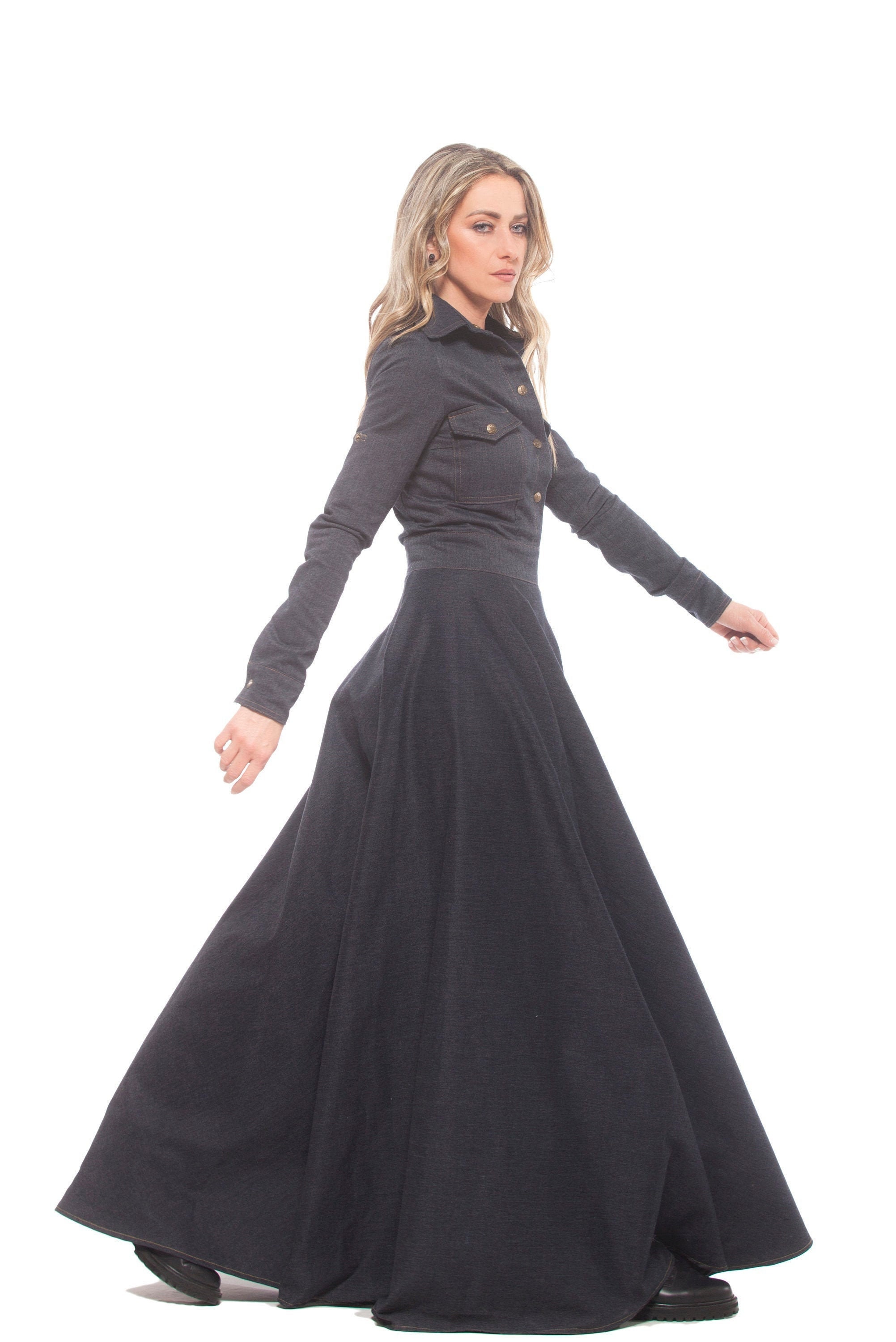 denim dress black Black Sleeveless Button Up Halter Neck Denim Dress main image 1