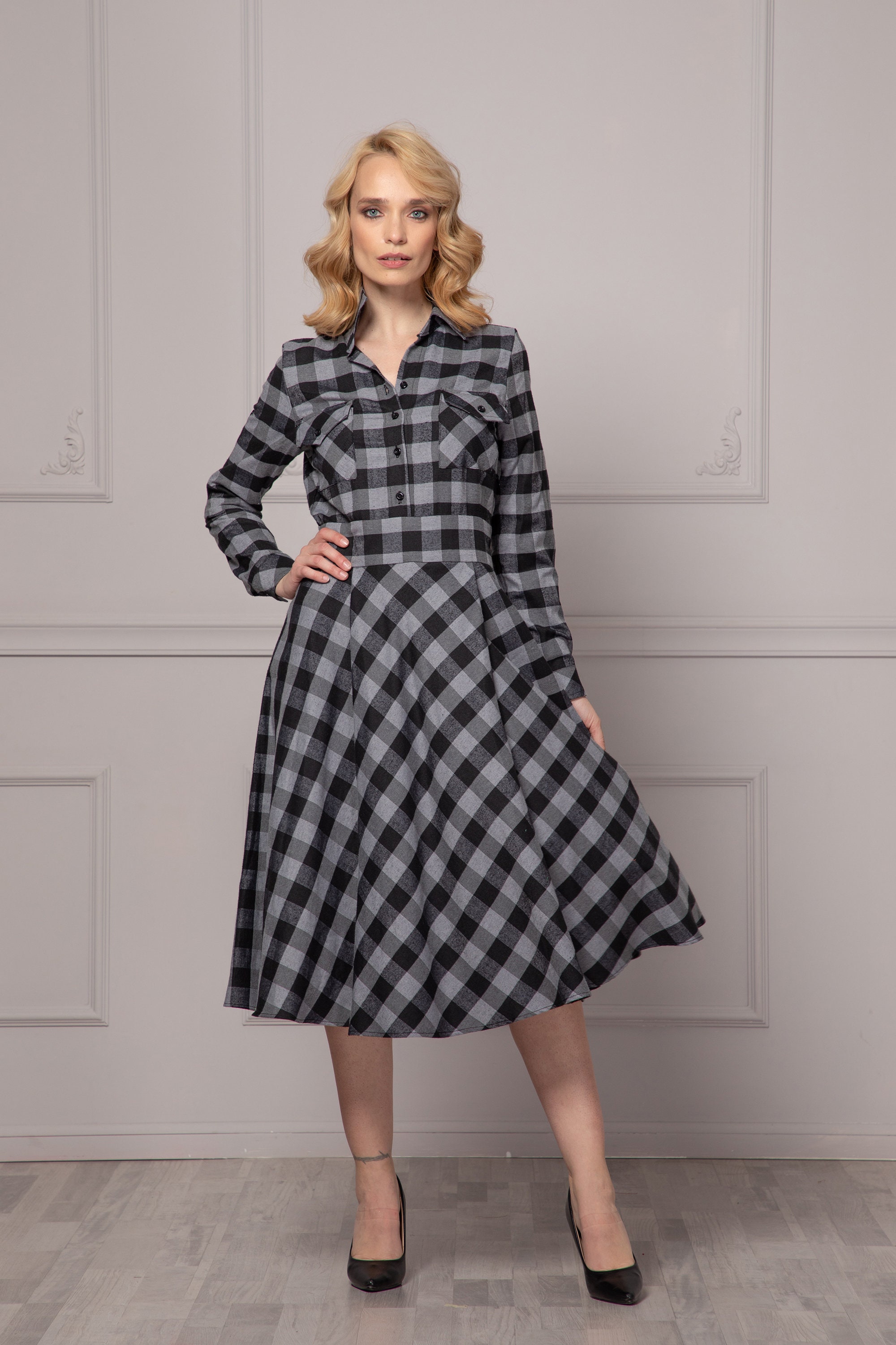 Midi Tartan Dress, Mid Century Modern Dress, Plaid Shirt