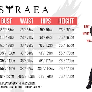 May include: Size chart for a black coat with a high collar and button closure. The chart shows measurements in inches and centimeters for bust, waist, hips, and height.