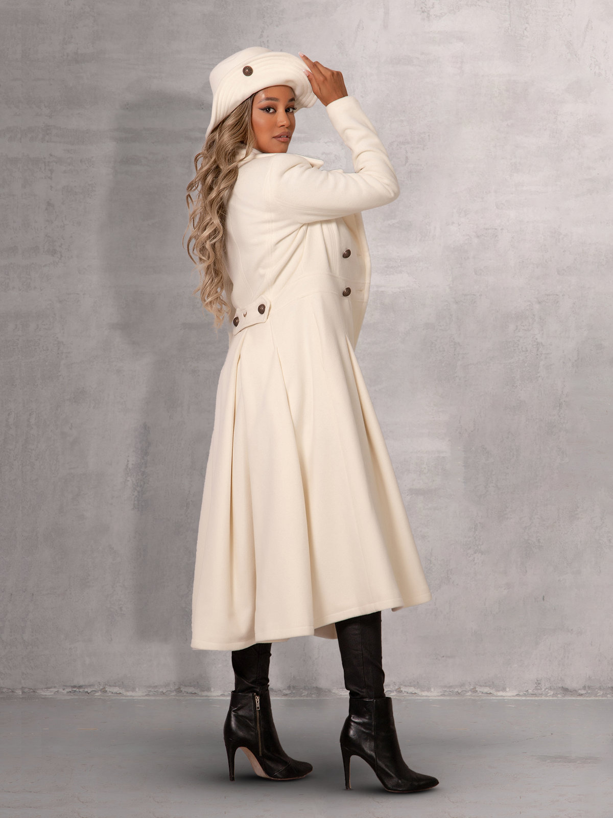 Ivory White Wool Coat, Double-breasted Princess Cut Winter Coat