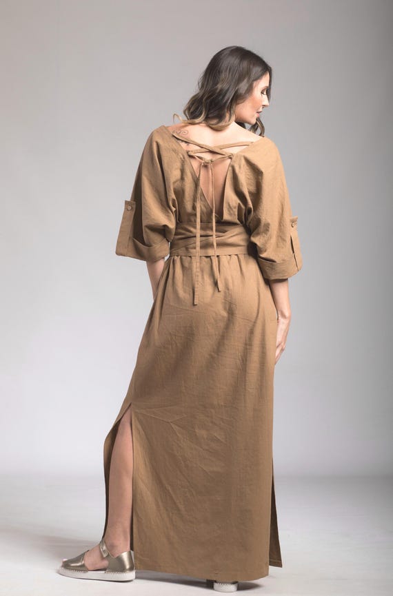 brown wedding guest dress summer Dress, Natural Fiber Linen Maxi Dresses, Mid Century Modern, Womens Clothing, Mother Of The Bride Slit Dress, Style Bust 39 (100 cm) glittery wedding gown By Watters Macaron Square-Neck Color:black red