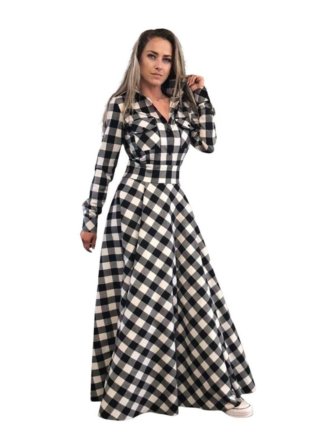 Black and White Plaid Dress, Tartan Dress, Long Sleeve Dress, Plus