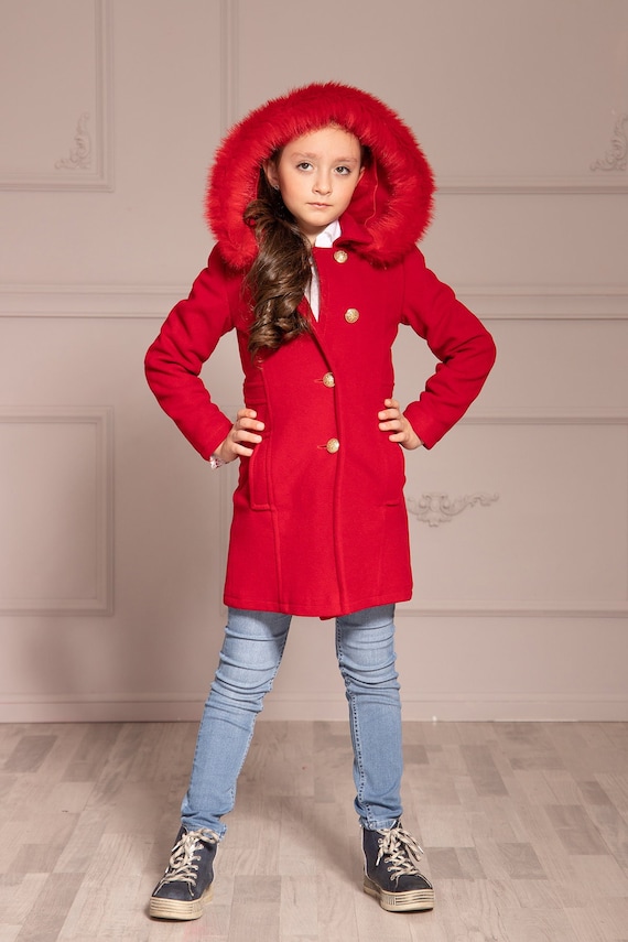 Abrigo de niña de lana con capucha larga recta en color rojo brillante  abrigo de invierno personalizado para niña, abrigo elegante para niños,  chaqueta de niña cálida con capucha -  México